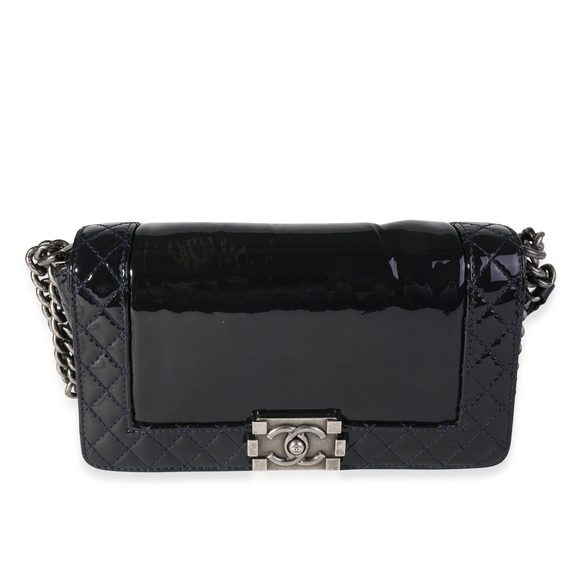 Chanel Navy Quilted Patent Leather Old Medium Boy Reverso Bag - Picture 1 of 8